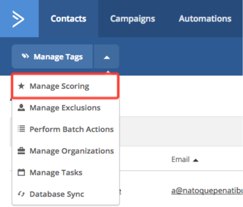 ActiveCampaign vs TinyEmail: A dashboard view of ActiveCampaign’s CRM showing the lead scoring system and customer interaction tracking