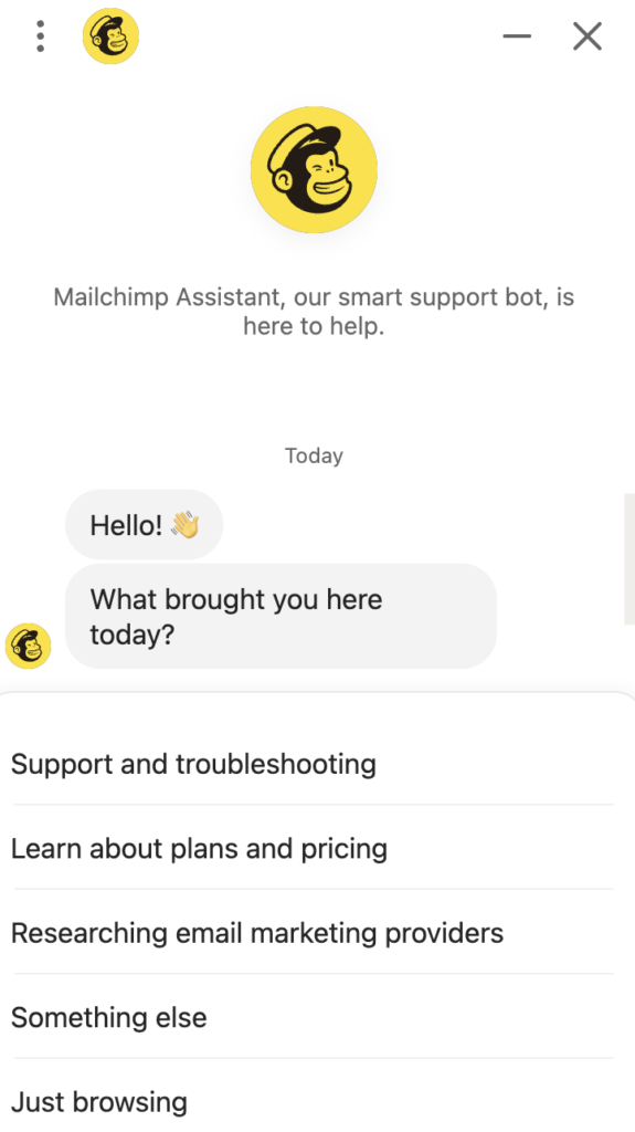 Mailchimp vs tinyEmail: Chat support of MailChimp